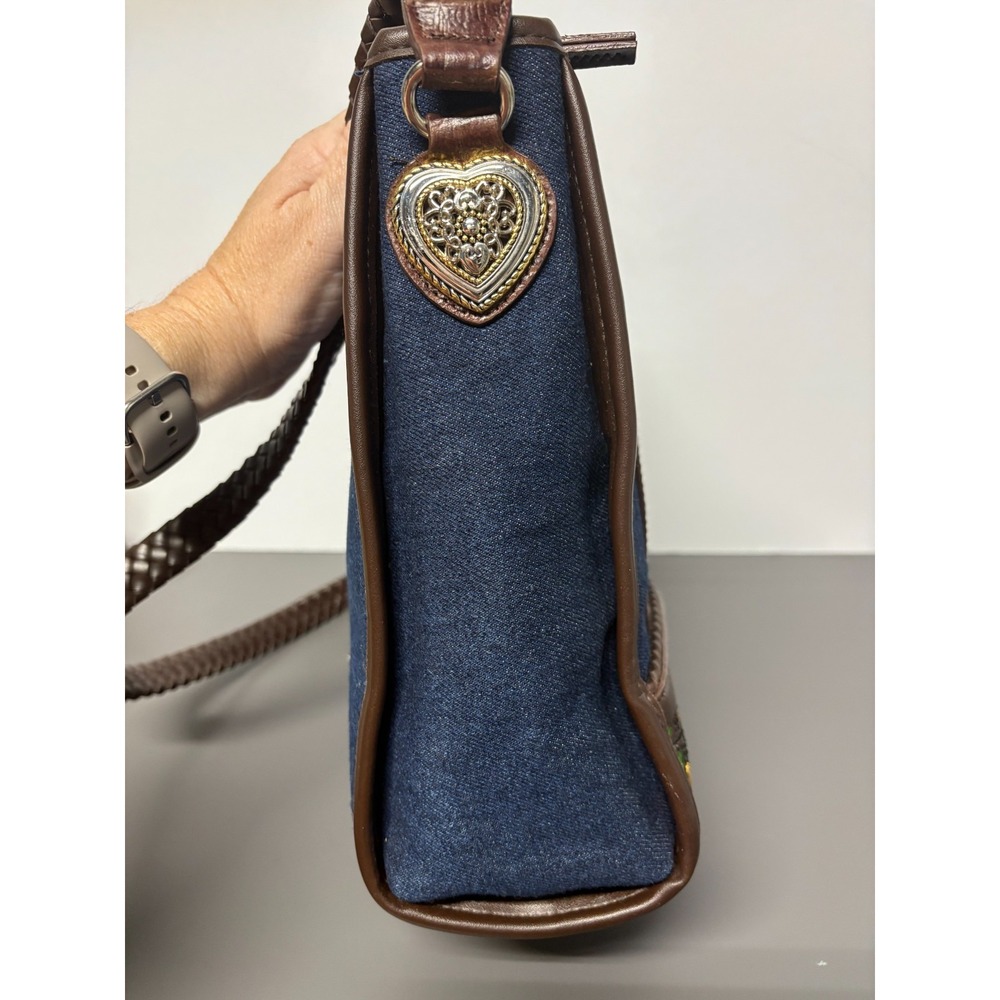 Marlo Blue Denim Leather Crossbody Bag Colorful Embroidered Heart Charm Brighton - Picture 10 of 16
